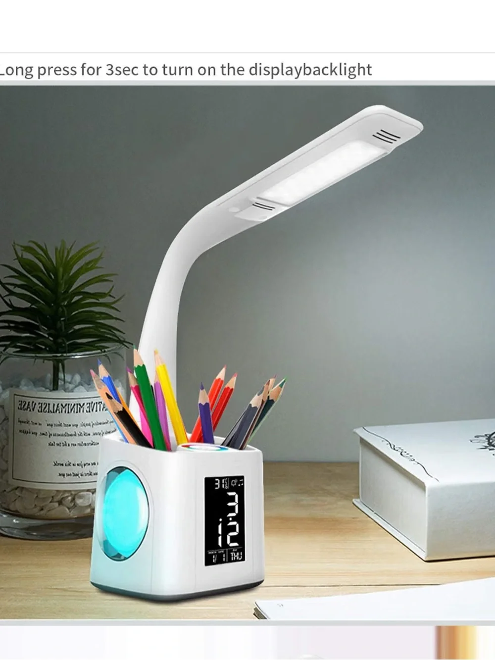White LED Desk Lamp with Touch Color Ring and Organizer